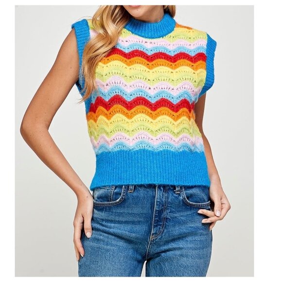 Zara Sweaters - Zara Scalloped Crochet Knit Rainbow Sweater Vest Size Small Colorful Women's